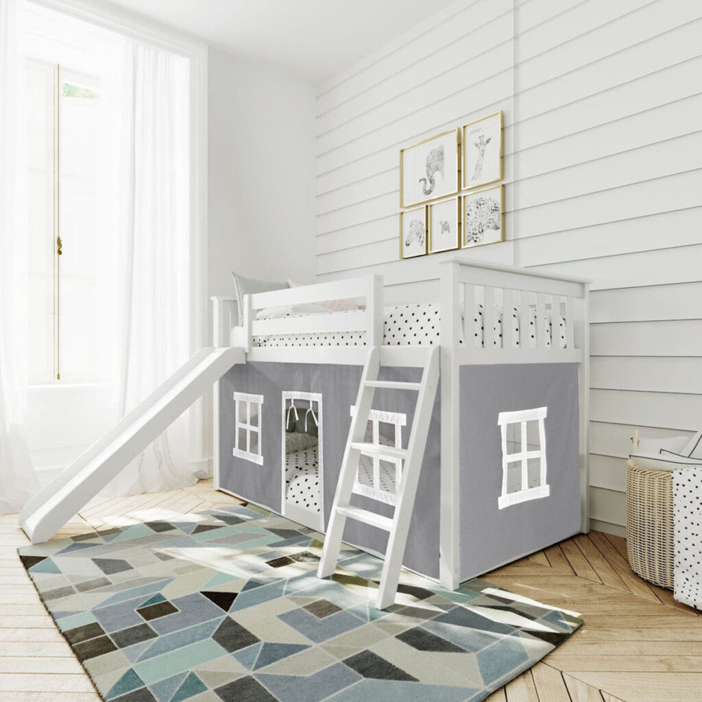white bunk bed with slide, ladder and play curtain. 