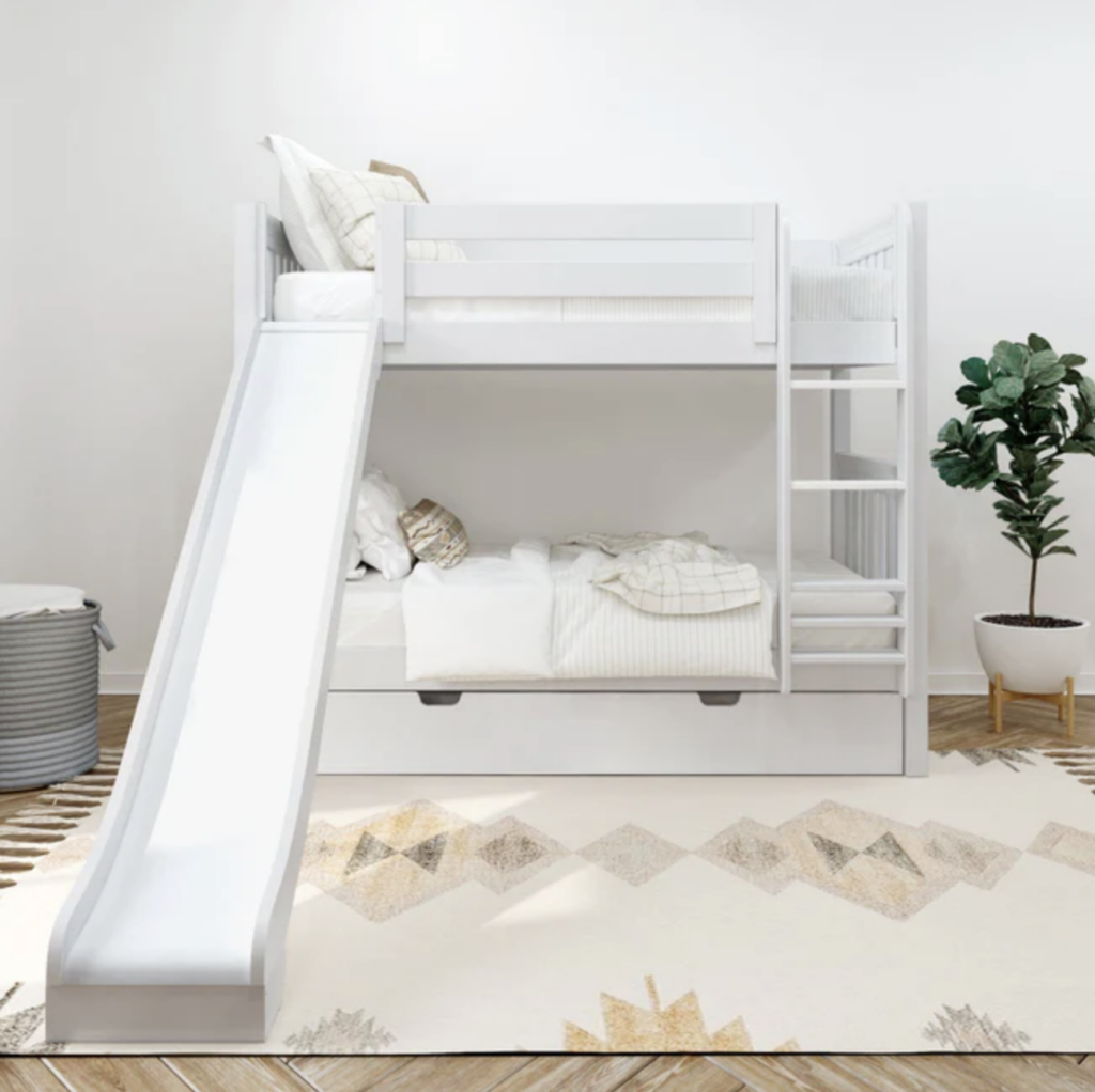 white bunk bed with trundle and slide. 