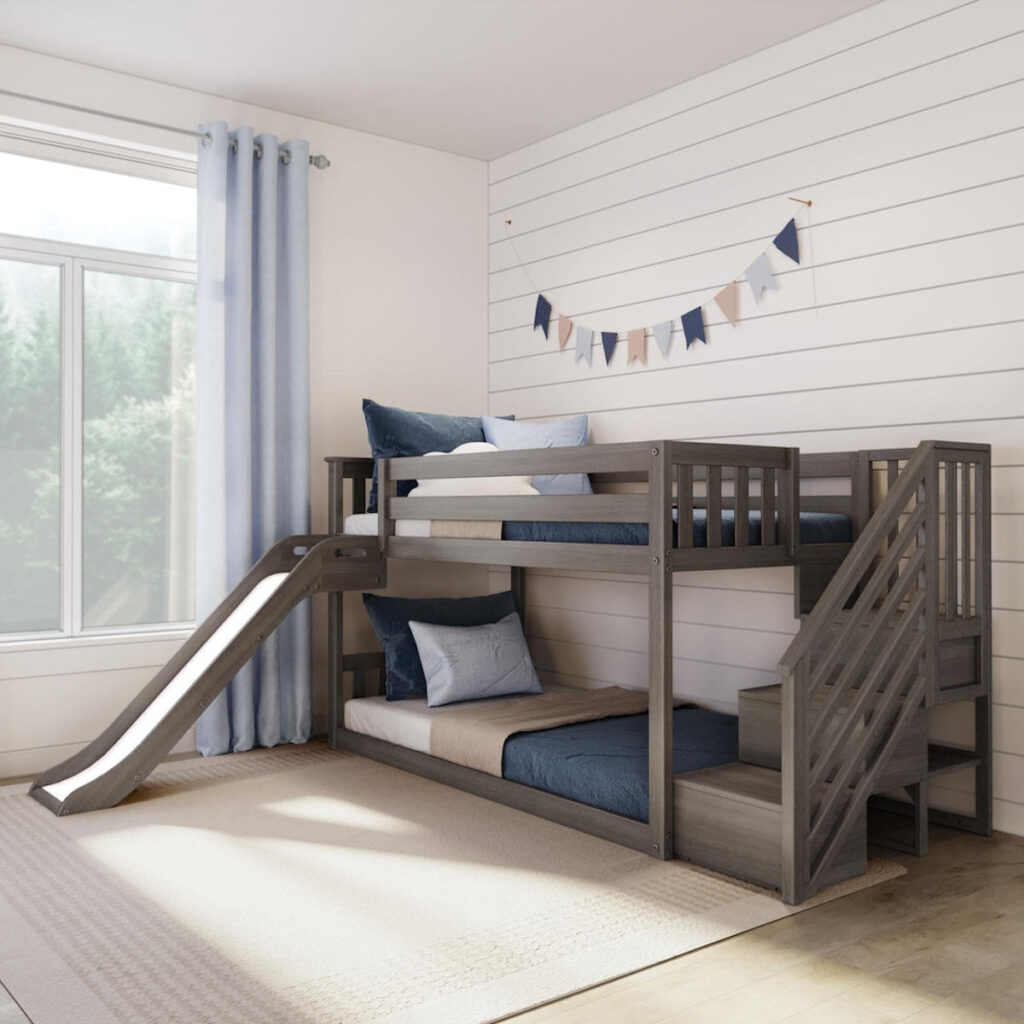 wooden twin bunk bed with slide and built in stairs.
