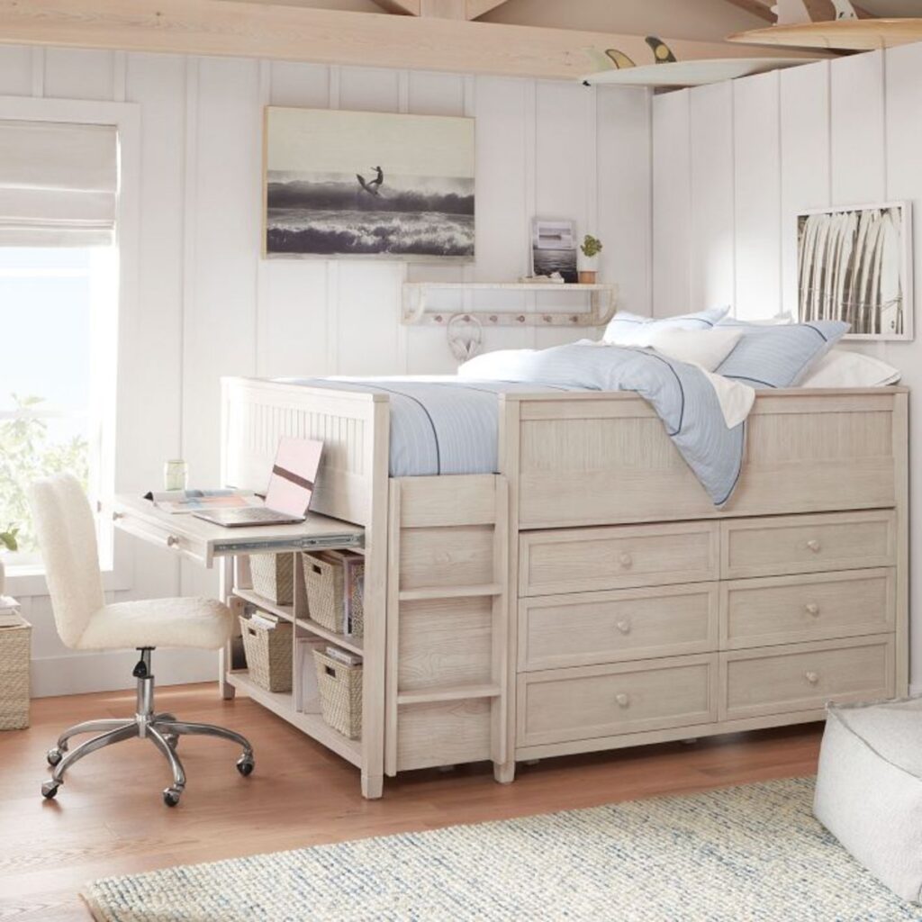 loft bed with drawers and a pull out desk.