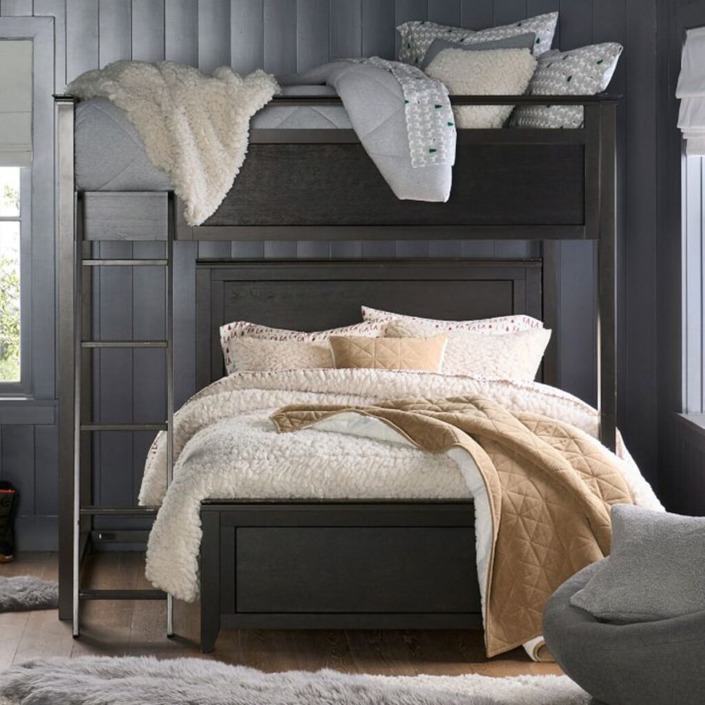 black loft bed with bed underneath. 